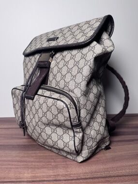 Gucci Beige GG Supreme Canvas Backpack with Dark Brown Trim